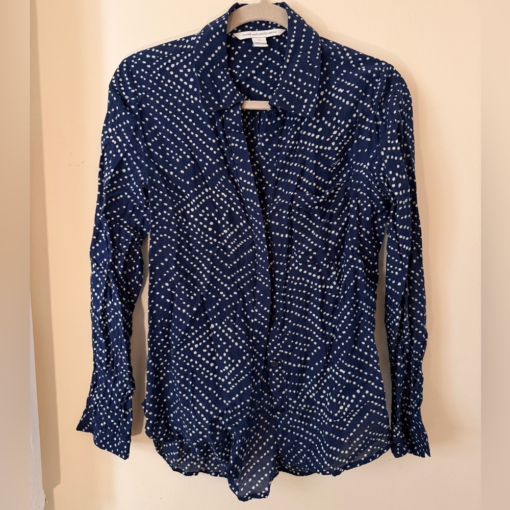 Diane Von Furstenberg Navy and White Dot-Print Button Down Shirt